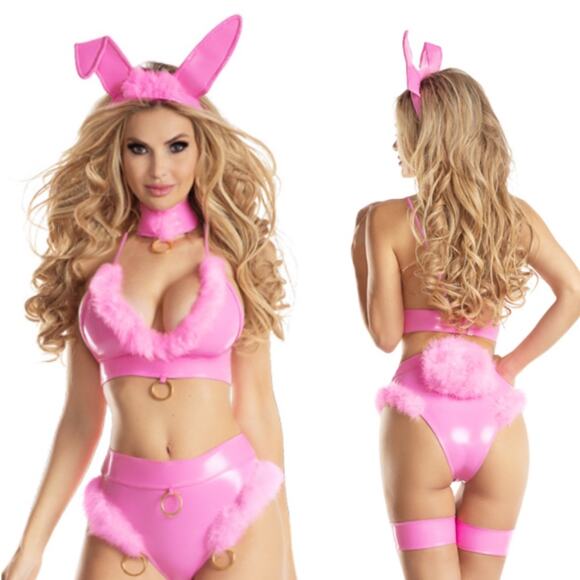 Pink Bunny Rabbit Costume Feathers Halloween Outfit Size M/L NWT Flaw - Picture 1 of 16